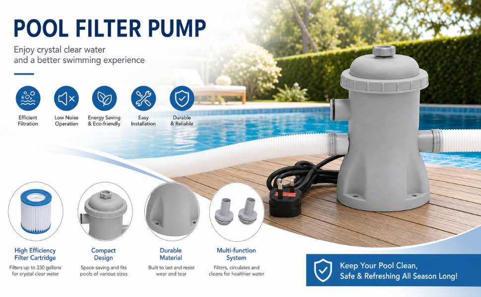 Text reads 'POOL FILTER PUMP' with tagline 'Keep crystal clear water' and five feature icons. Shows gray cylindrical pump beside pool, includes product angle views and safety certification badge below.