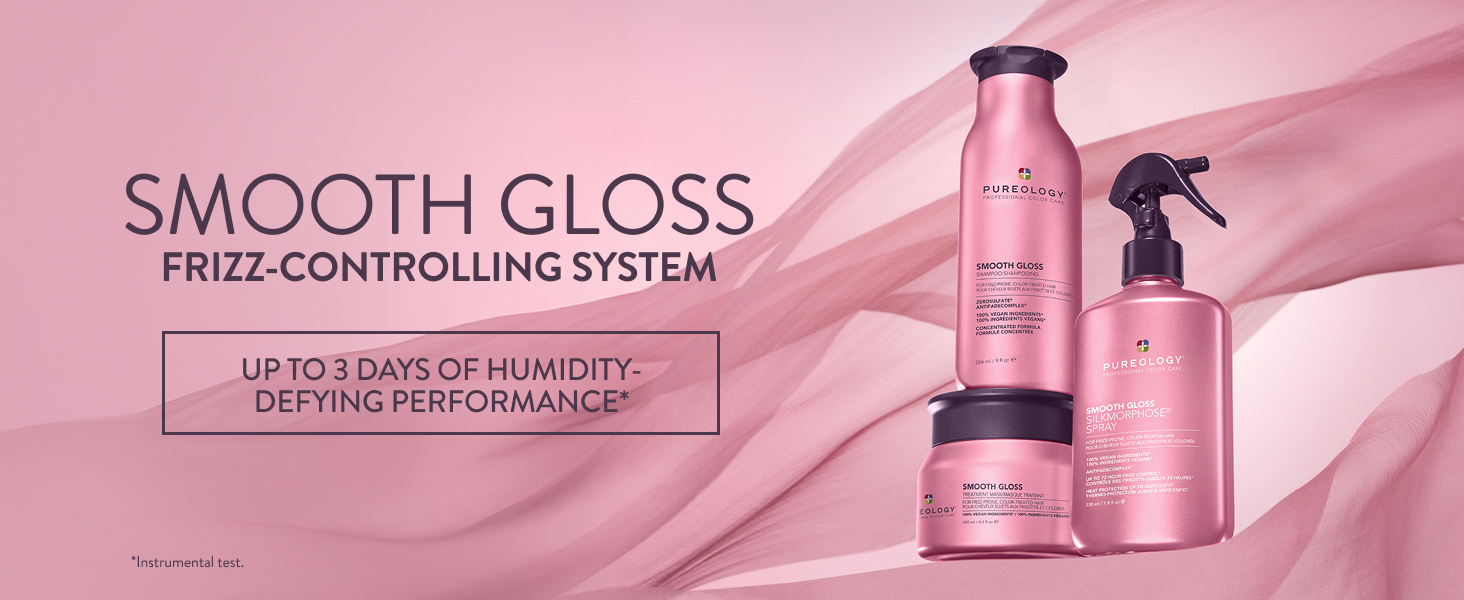 Text reads "SMOOTH GLOSS" and "FRIZZ-CONTROLLING SYSTEM" with "UPLIFT & DEFINE OR SMOOTHING & STYLING". Pink spray bottle with applicator on gradient pink background for hair treatment product.