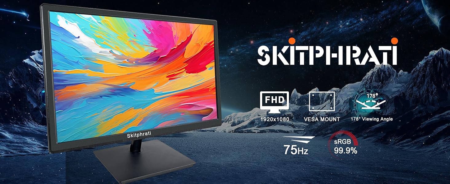 Text reads 'SKITPHIRATI' with 'PRO' label. High-resolution monitor displaying colorful abstract gradient image with technical specifications showing 75hz refresh rate and 88.8% color gamut.