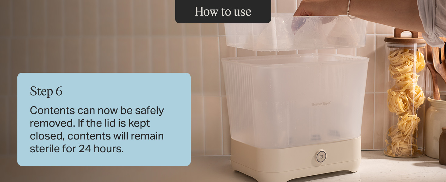 Text reads 'Step 6' and 'Contents can now be safely removed if the lid is kept closed. Contents will remain sterile for 24 hours.' Translucent storage container with lid shown.
