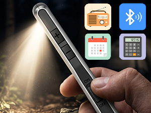Flashlight beam illuminating area with smartphone displaying utility app icons including Bluetooth, calculator, and connectivity functions.