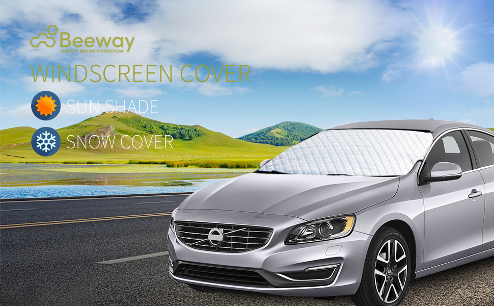 Beeway windscreen cover for cars, showcasing all-season protection. Silver car on road with cover features highlighted: sun, rain, and snow protection icons visible.