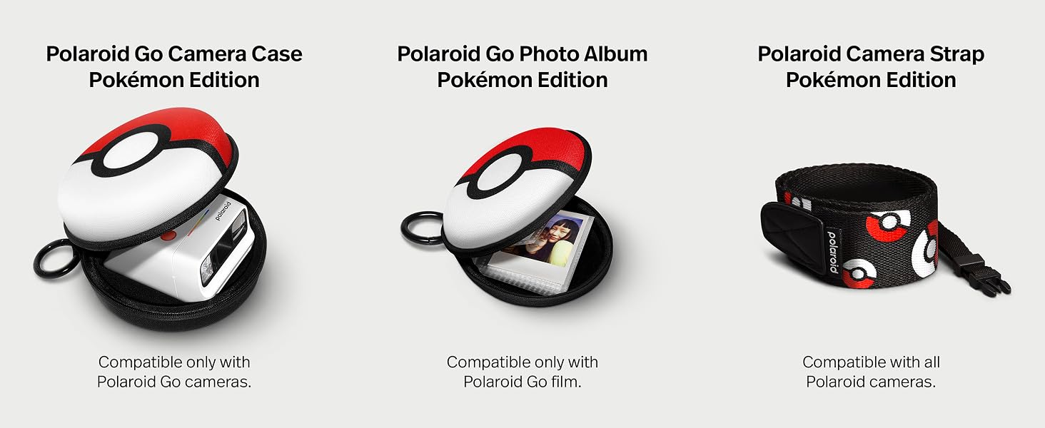 Text reads 'Whenever you go, capture it all with Polaroid + Pokemon'. Collage of colorful Polaroid-style photographs at various angles displaying Pokemon-themed imagery and characters.