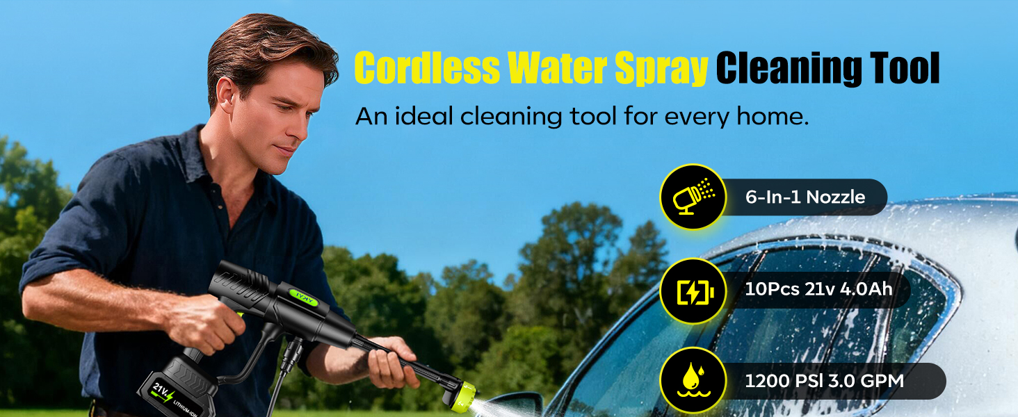 Text reads "Cordless Water Spray Cleaning Tool" and specifications "8-in-1 Nozzle", "100+ psi x 3.0L", "2-in-1 Power", "1200 mAh 2.0 Ah". Man outdoors demonstrating black cordless water spray cleaning device with orange accents.