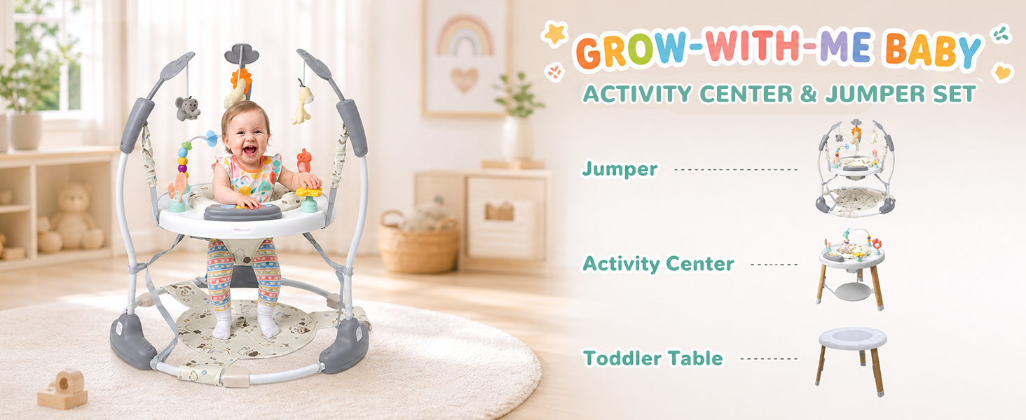 Text reads 'BABY JUMPER & ACTIVITY TABLE 2 IN ONE', 'STAGE 1 TUMMY TIME PLAY MAT', 'STAGE 2 BABY STANDING BOUNCER', 'STAGE 3 ACTIVITY CENTER', 'STAGE 4 TODDLER TABLE'. Shows four product configuration stages with baby furniture.