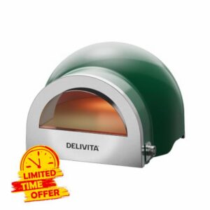 Delivita Flow Dual Fuel Pizza Oven – Gas and Wood Fired Outdoor Pizza Oven –Tabletop Design – Cooks 14” Pizza in 90 Seconds – 45kg – Racing Gree