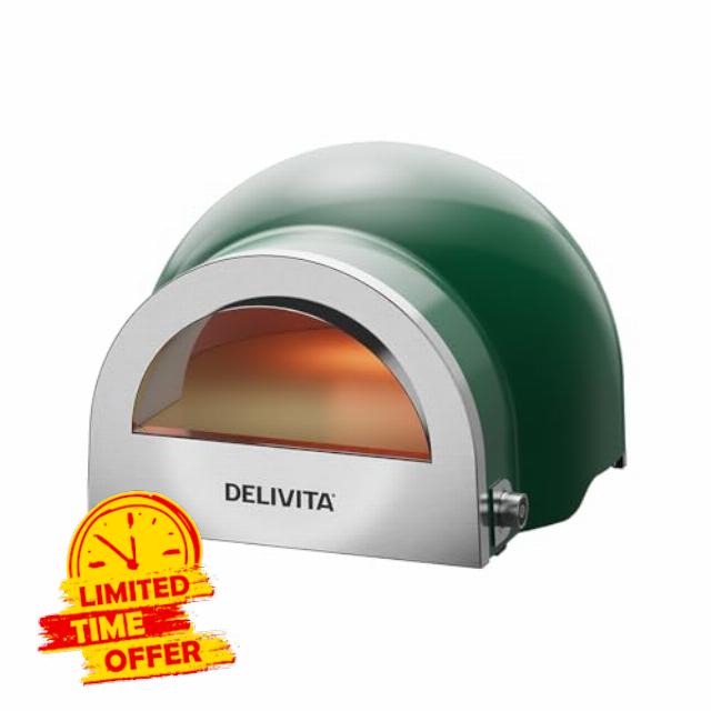 Delivita Flow Dual Fuel Pizza Oven – Gas and Wood Fired Outdoor Pizza Oven –Tabletop Design – Cooks 14” Pizza in 90 Seconds – 45kg – Racing Gree