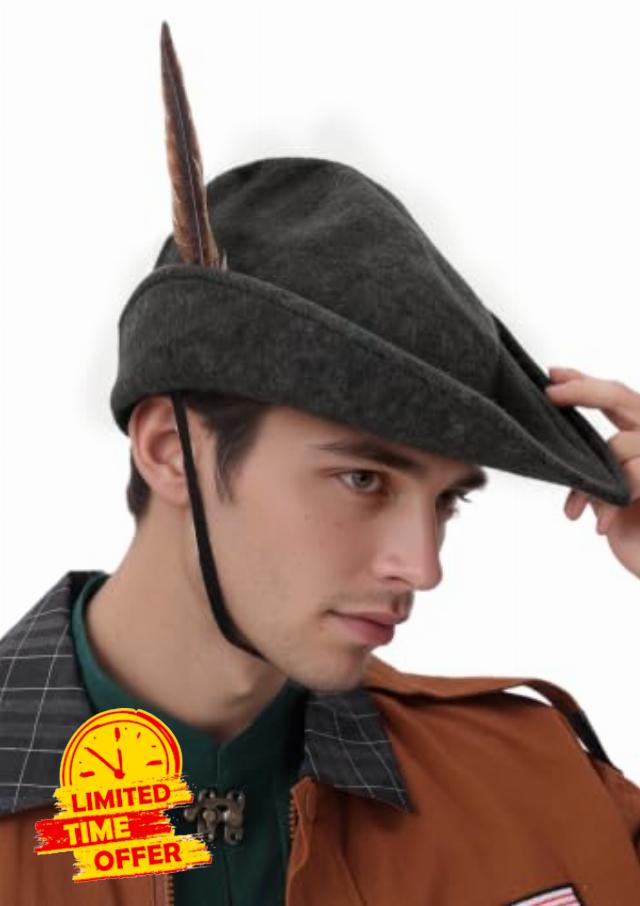 Renaissance Robin Hat with Feather Ren Faire Hat Bycocket Felt Medieval Cap German Costume Accessory for Adul