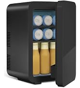 Compact mini fridge with black and white design shown from multiple angles, featuring sleek modern appearance with storage compartments visible when door is open.