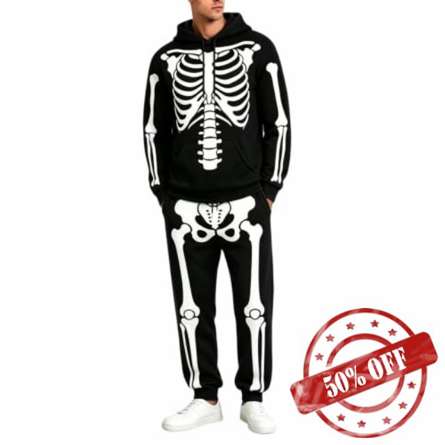 Men Halloween Skeleton Costume Horror Skull Tracksuit Set 2 Piece Outfits                                                          Skull Printed Hoodie Jumper Regular Fit Long Sleeve Pullover Tracksuit Set Spooky Active Sets Adult Halloween Costume