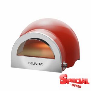 Delivita Flow Dual Fuel Pizza Oven – Gas and Wood Fired Outdoor Pizza Oven –Tabletop Design – Cooks 14” Pizza in 90 Seconds – 45kg – Chilli Red