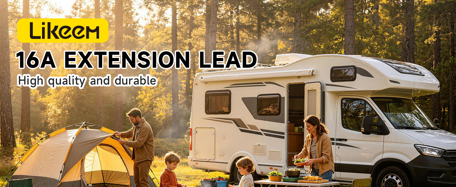 Text reads 'Likesn 16A EXTENSION LEAD'. Camper van parked at campsite with tent and outdoor furniture. RV extension lead product display.