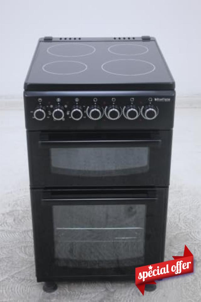 BlueFlame DG5055XXVB 50 cm VitroCeramic Freestanding Electric Cooker With Double Cavity Oven - Turbo Fan - Black           [Energy Class A]