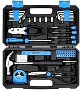 Pink and black tool kit case showing various tools including pliers, screwdrivers, and other household repair implements arranged in foam housing.