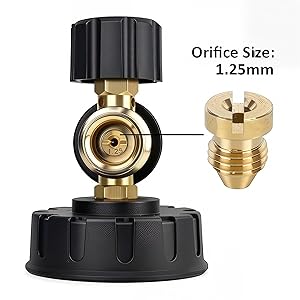 Close-up of black and gold metal connector or coupling device with cylindrical body, rotating collar base, and threaded attachment point on white background.