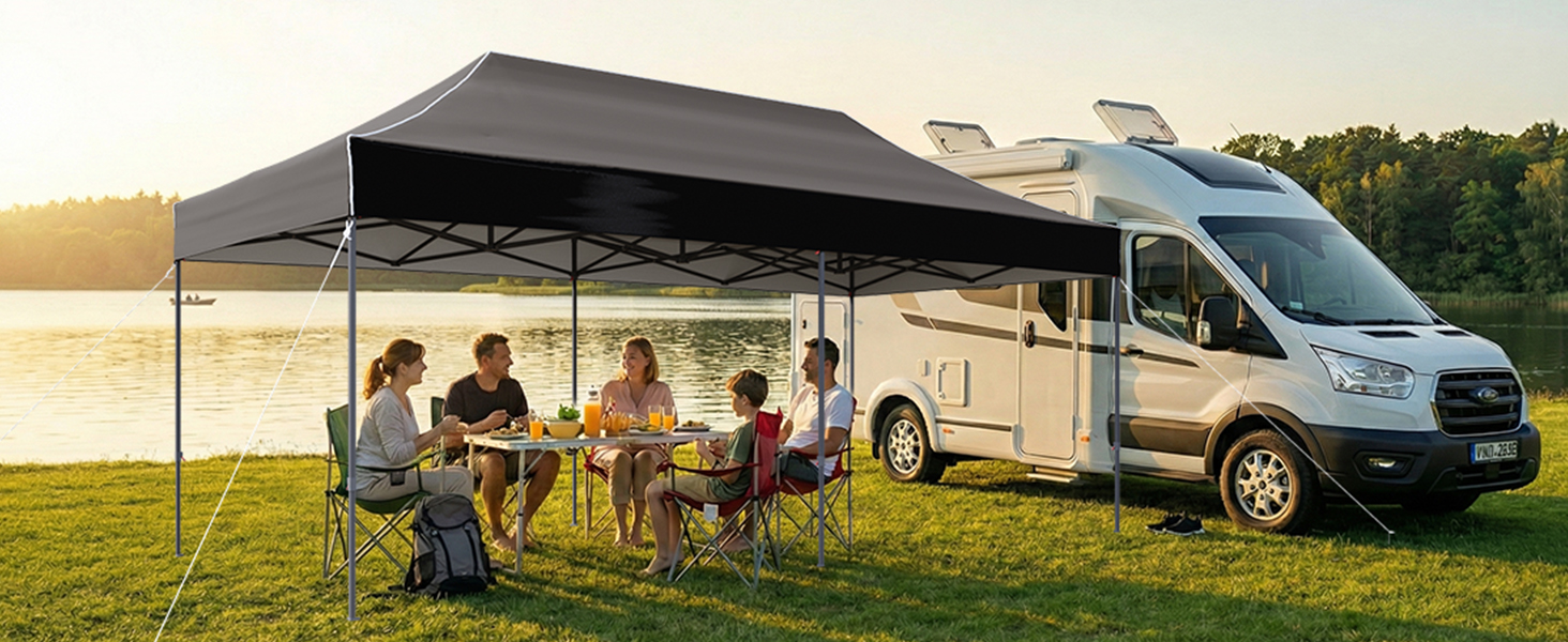 Outdoor residential scene showing retractable pergola structure with motorized black canopy providing shade over patio dining area with multiple people and outdoor furniture.