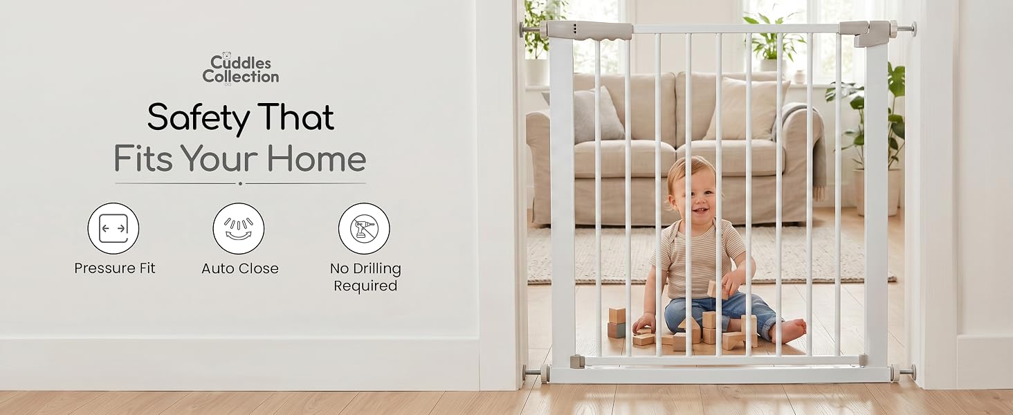 Text reads 'Safety That Fits Your Home' with icons showing safety features. White metal baby gate displayed in home interior with crib visible.