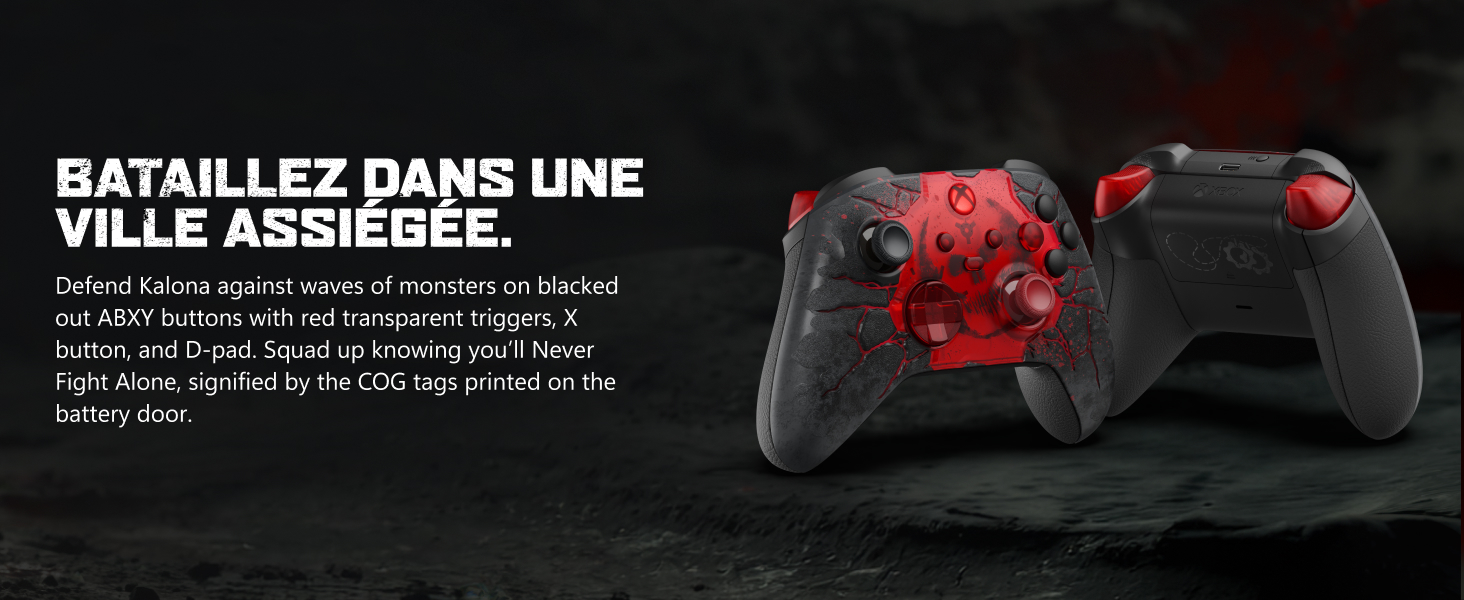 Text reads "EMERGENCE BEGINS." Red textured game controller on dark background with white descriptive text about controller features and cross button functionality.