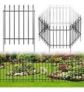 Metal garden fence panels shown flat and assembled into hexagonal arbor shape. Left shows vertical picket panels; right displays 3D hexagonal arbor structure. Bottom shows installed fence bordering garden landscape.