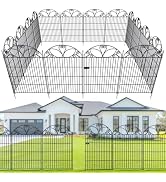 Metal wire decorative pet playpen or fencing structure shown above residential house with green picket fence, providing containment enclosure for outdoor use.