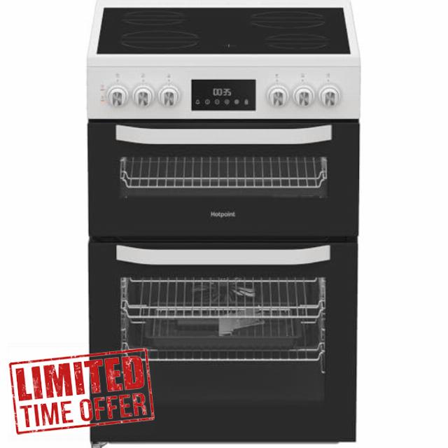 Hotpoint HTE6VDCW 60cm Wide Single Oven Electric Cooker with Ceramic Hob - White - A/A Rated           [Energy Class A]