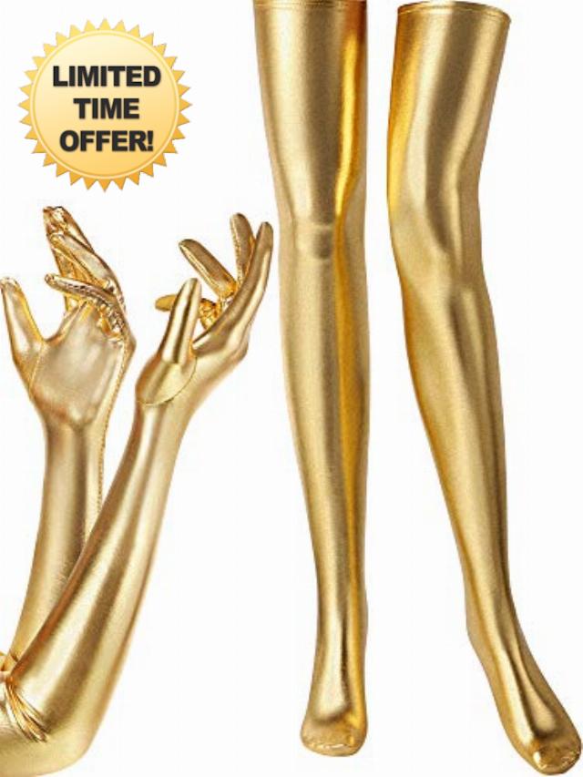 Women's Costume Set Elastic Spandex Shiny Wet Long Gloves and Wet Look Thigh High Stockings