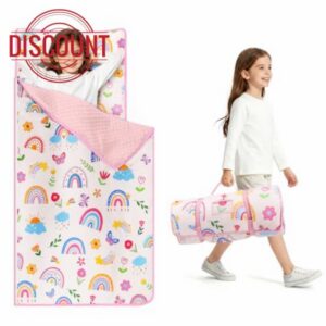 Sleeping Bag for Boys Girls Foldable Nap Mat with Removable Pillow and Minky Blanket Lightweight Warm Toddler Slumber Bag for Bedroom Nursery Travel Gift for Birthday Christmas 24 × 59 I