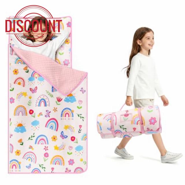 Sleeping Bag for Boys Girls Foldable Nap Mat with Removable Pillow and Minky Blanket Lightweight Warm Toddler Slumber Bag for Bedroom Nursery Travel Gift for Birthday Christmas 24 × 59 I