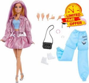 ​Barbie Deluxe Style Doll in Metallic Pink Barbiecore Skirt and Jacket | 4 Fashions