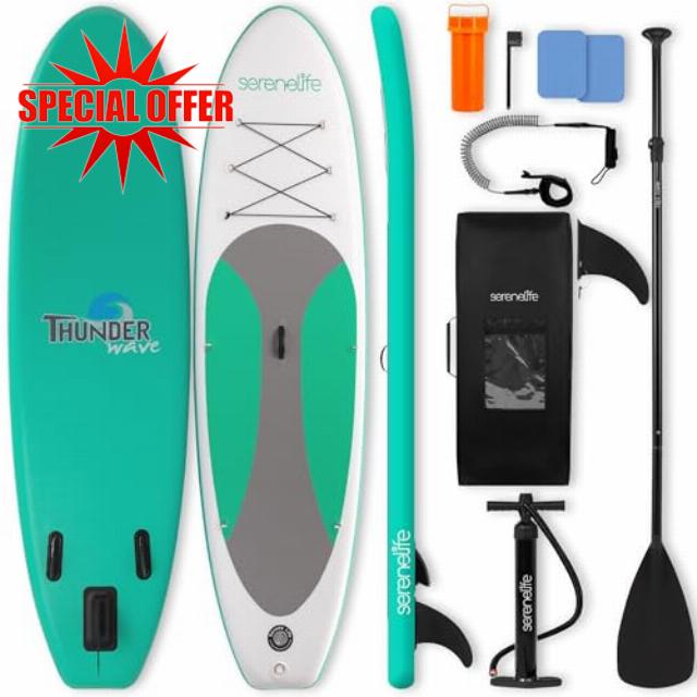 SereneLife Paddle Board Inflatable Stand Up SUP 32in Wide Stable All Round Design for Adults and Kids – Paddle Board Non Slip EVA Deck Complete Kit with Paddle Pump Backpack Leash