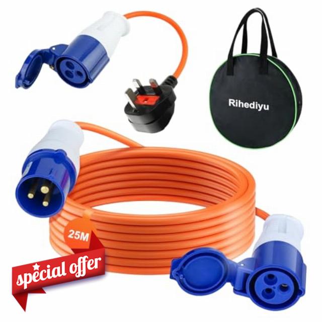 25m Caravan Hook Up Cable - 240V 16A Camping Extension Lead with 3 Pin Fly Lead Converter and Carrying Bag