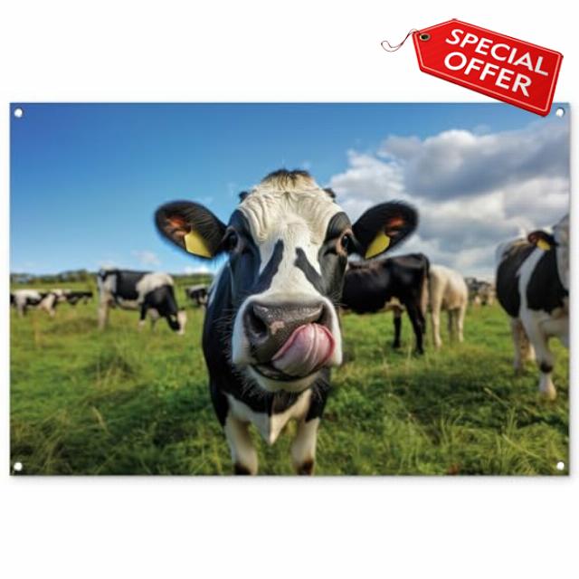 MuchoWow© Garden Decor Balcony Accessories Outdoor Decorations Posters Wall | 47"x31" / 120x80 cm - Art For Gardens Outside Poster Decoration Cow - Tongue - Meadow