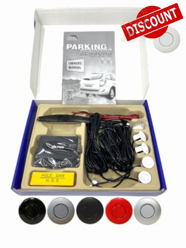 Dolphin Automotive DPS450X Reverse Parking Sensors Audio With LED Display (White)                                                          Ultrasonic Radar Semi Flush Insert Sensors. DIY Fitting On Rear In Black White Silver Red Grey.