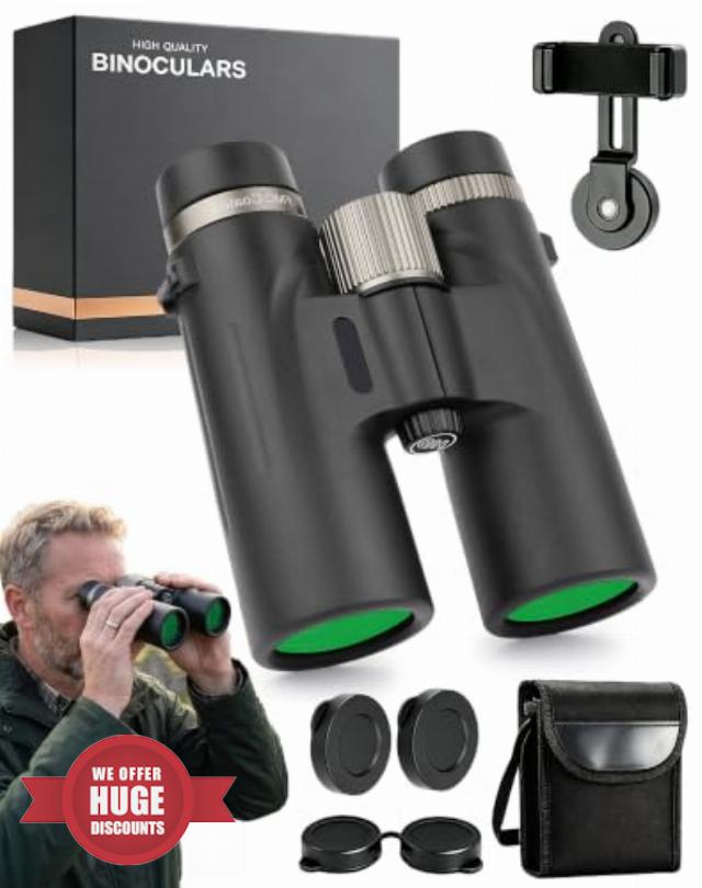 Kaisio Sky X7 Ed Binoculars，Black                                                          12x50 Ed Glass Binoculars with Wide View. Waterproof Bird Watching Binoculars with Phone Adapter for Outdoor Hunting & Travel