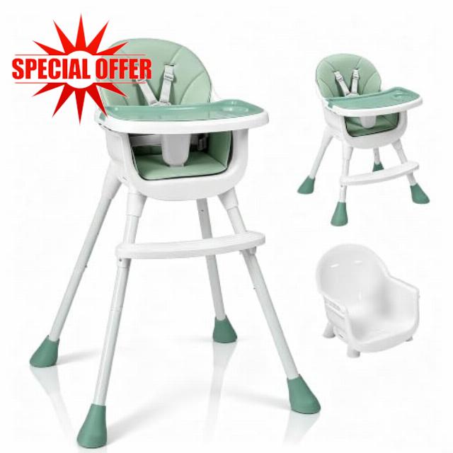 LALAHO Adjustable Height Baby High Chair with 5-Point Safety Harness Green | Portable 3-in-1 Highchair with Removable Dual-Layer Tray and Footrest for Toddlers and Babies
