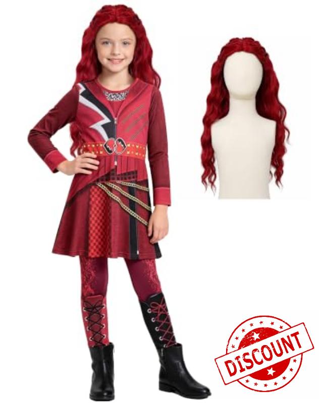 Red Wonderland Costume with Wig Girls Princess Dress for Kids 5-12 Years | 2026 Wonderland Movie Red Costume 3D Print Halloween Party Cosplay Dress Up Outfit for Kids