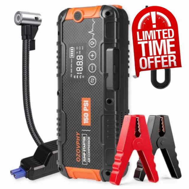 8000A Car Battery Booster Jump Starter Power Pack with Air Compressor                                                          150 PSI Tyre Inflator