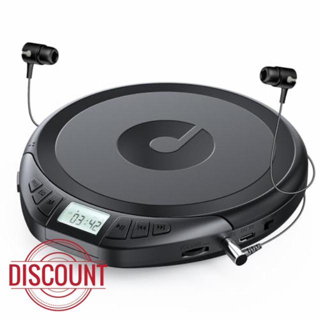 Gueray CD Player Portable with LCD Display & Earphones Black                                                          Portable CD Players for Car with Anti-Skip Shockproof Support PROG Memory Function Repeat Playback Sound Effe