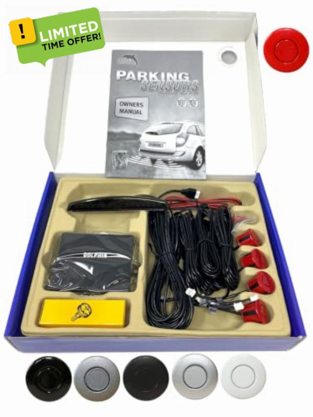Dolphin Automotive DPS450X Reverse Parking Sensors Audio With LED Display (Red) | Ultrasonic Radar Semi Flush Insert Sensors. DIY Fitting On Rear In Black White Silver Red Grey.