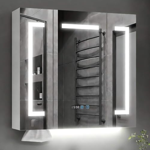 70x75cm Bathroom Wall Cabinet LED Lights | 3 Door LED Mirrored Cabinet with Shaver Socket