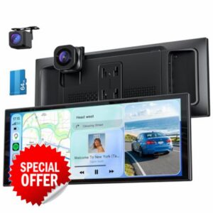 10.26" Wireless Portable 60FPS CarPlay Screen with 4K Front & HD Rear Dual Dash Cam for Apple Car Play & Android Auto 1920 * 720 Fully Laminated Tablet with Mirror Link