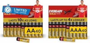 Eveready Gold by Energizer - AA + AAA Battery (80 Combo Pack)                                                          Double & Triple A Batteries 1.5V Alkaline - Reliable Power - 0% Plastic Packaging - 10 Year Shelf Life [Amazon Exclusive]