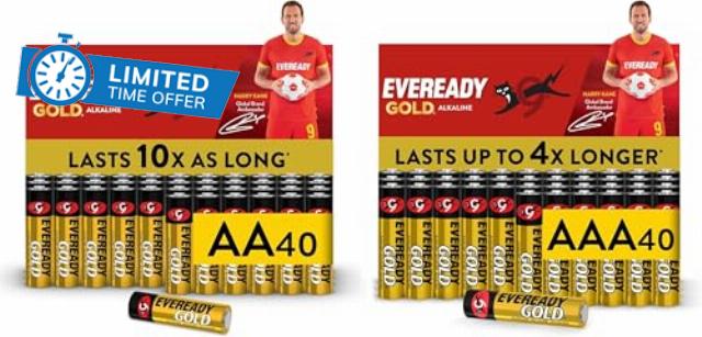 Eveready Gold by Energizer - AA + AAA Battery (80 Combo Pack)                                                          Double & Triple A Batteries 1.5V Alkaline - Reliable Power - 0% Plastic Packaging - 10 Year Shelf Life [Amazon Exclusive]