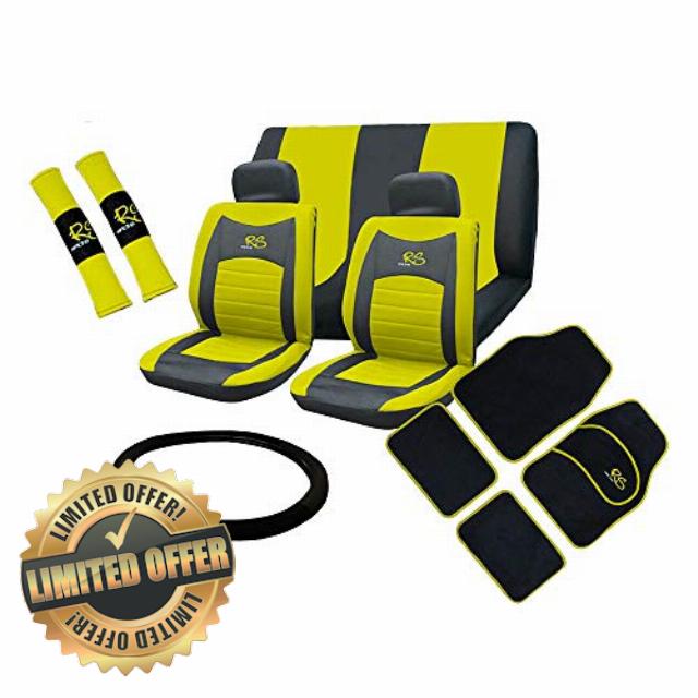 Xtremeauto® Universal RS Car Front and Rear Seat Cover and Floor Mat Set (Yellow)
