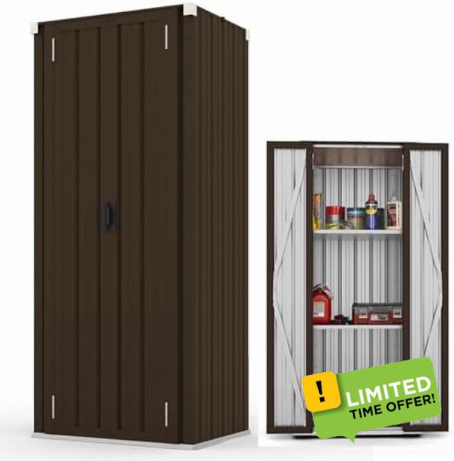 YODOLLA Tall Outdoor Storage Cabinet Metal Garden Cupboard with Shelves                                                          Borwn