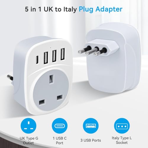 SHUOMAO UK to Italy Travel Adapter with 4 USB(17W USB C Charger)