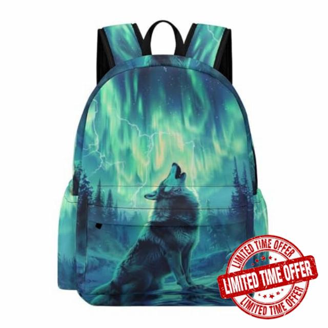 Children Wolve Motif Bookbag Boys Girls Primary School Age 7-11 Cool Durable Animal Wolf Pattern Fashion School Bag for Spring Outing Travel Holiday Gift