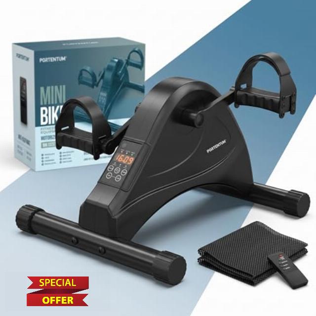 PORTENTUM Pedal exerciser for elderly – Manual or motorised version – Arm and leg trainer with non-slip mat and LCD display – Mini exercise bike for home use