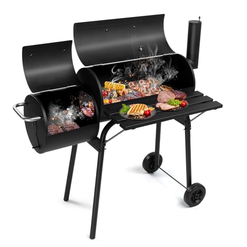 Large Capacity Outdoor BBQ Grill with Side Table & Wheels for Garden Patio Barbecue Party