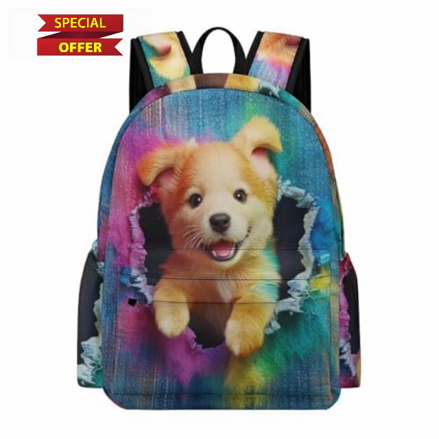 16.5 Inch Rucksack Kids Kawaii 3D Print Dog Bookbag Boys Girls Age 7-12 Large Capacity Animal Puppy Rucksack for Spring Outing Travel Back to School Gift Books Gea